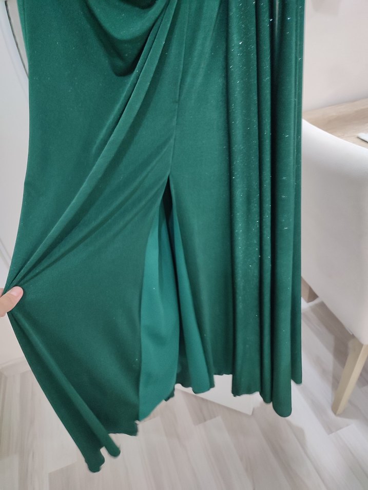 Koyu Yeşil Drapeli Uzun Abiye Elbise - Görsel 4