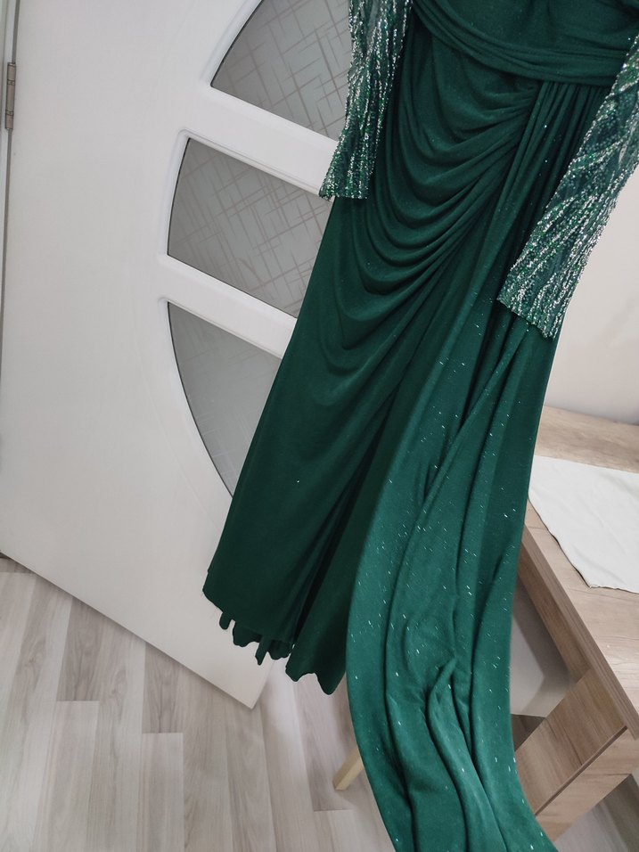 Koyu Yeşil Drapeli Uzun Abiye Elbise - Görsel 5