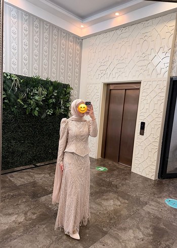 Bej Nakışlı Uzun Kollu Abiye Elbise - Görsel 3