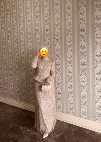 Bej Nakışlı Uzun Kollu Abiye Elbise - Görsel 2