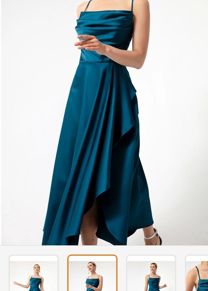 Volanlı yırtmaçlı saten abiye mezuniyet elbisesi  - Görsel 2