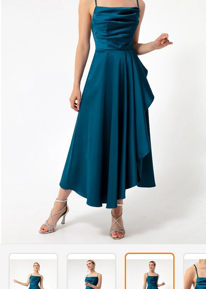 Volanlı yırtmaçlı saten abiye mezuniyet elbisesi  - Görsel 3