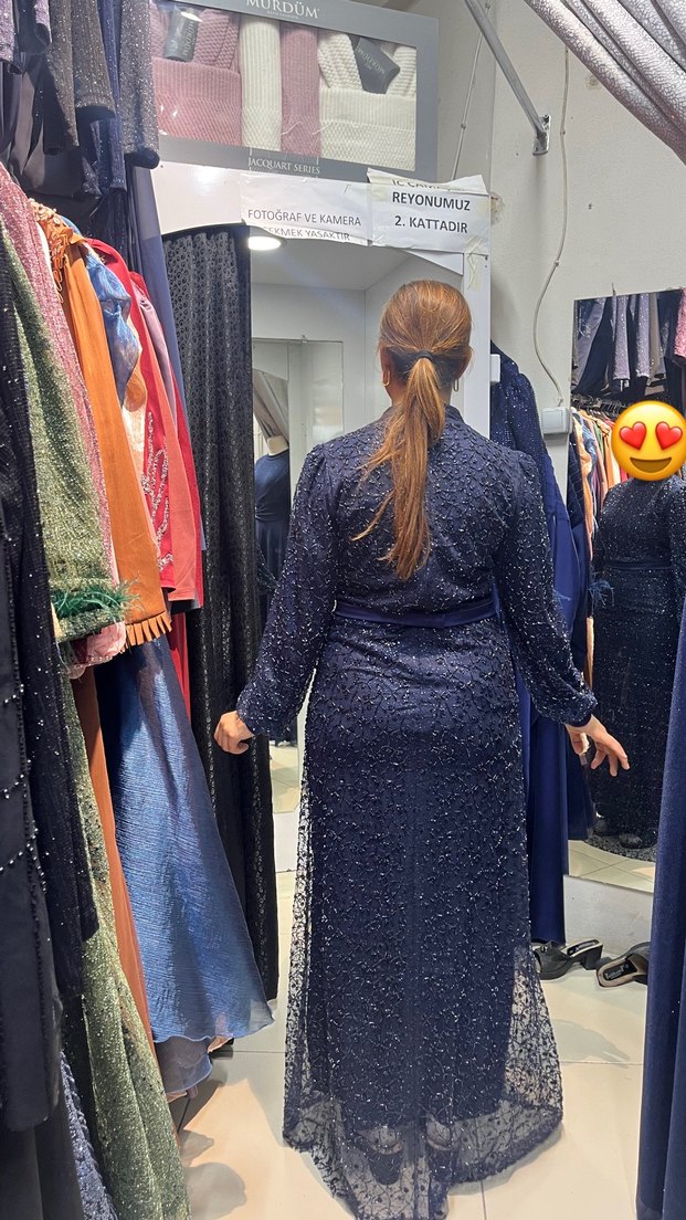 Mavi Drapeli Uzun Kollu Uzun Elbise - Görsel 2