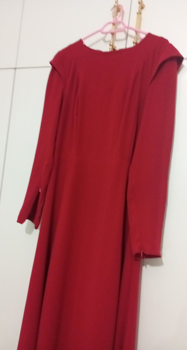 kırmızı Uzun Kollu Drapeli Kadın Elbise - Görsel 3