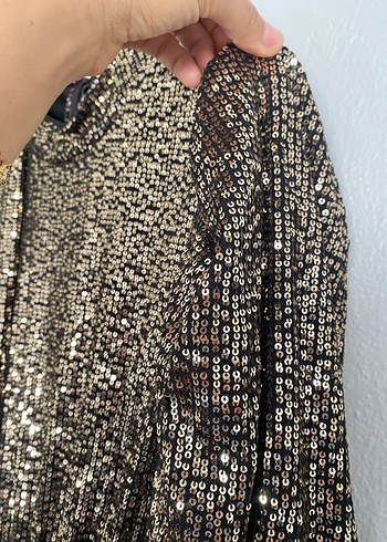 Altın Renkli Payetli Yılan Desenli Midi Elbise - Görsel 7