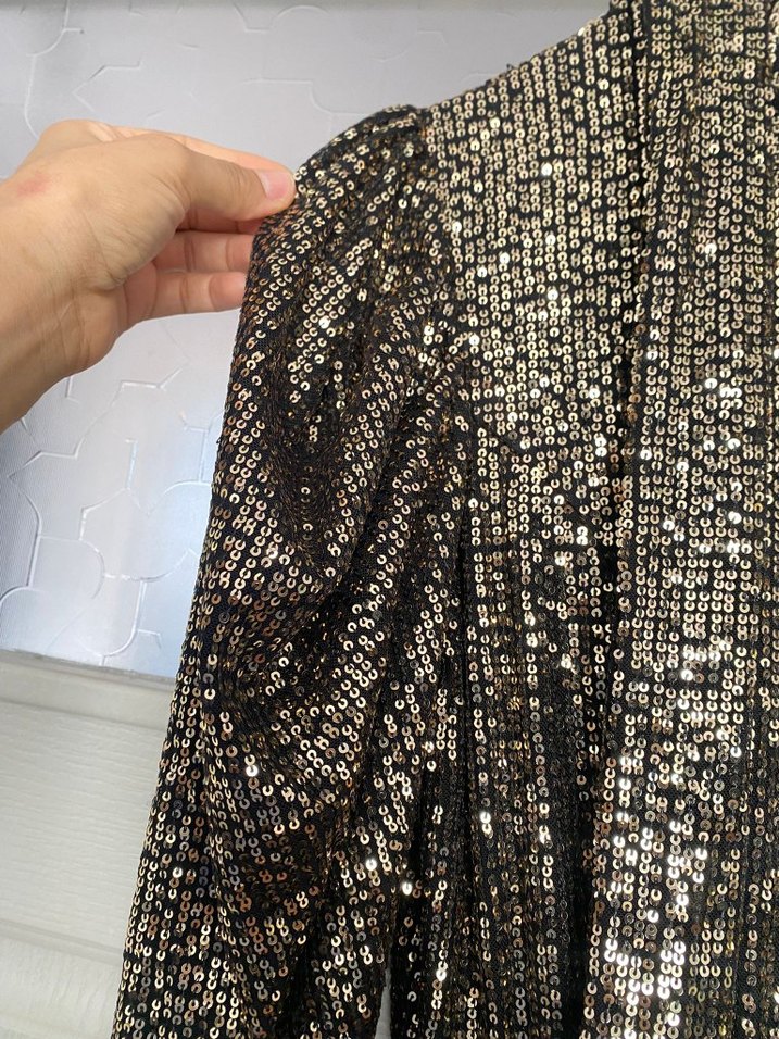 Altın Renkli Payetli Yılan Desenli Midi Elbise - Görsel 3