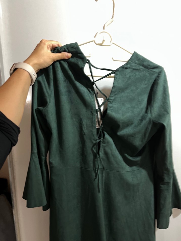 Yeşil Süet Bohem V Yaka Elbise - Görsel 4