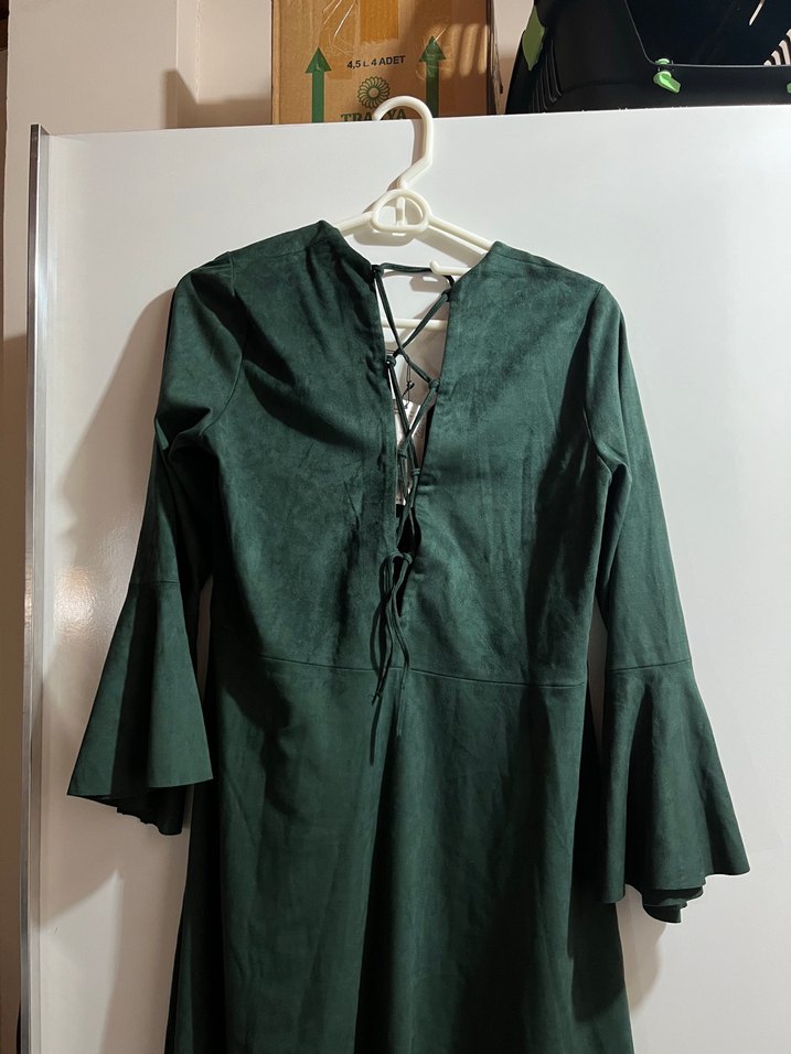 Yeşil Süet Bohem V Yaka Elbise - Görsel 3