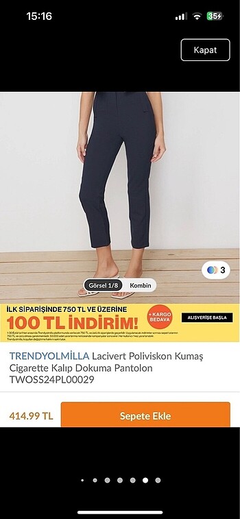 34 Beden lacivert Renk Kumaş pantolon