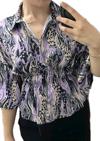 Uzun Kollu Mor Batik Desenli Salaş Kadın Gömlek - Görsel 2