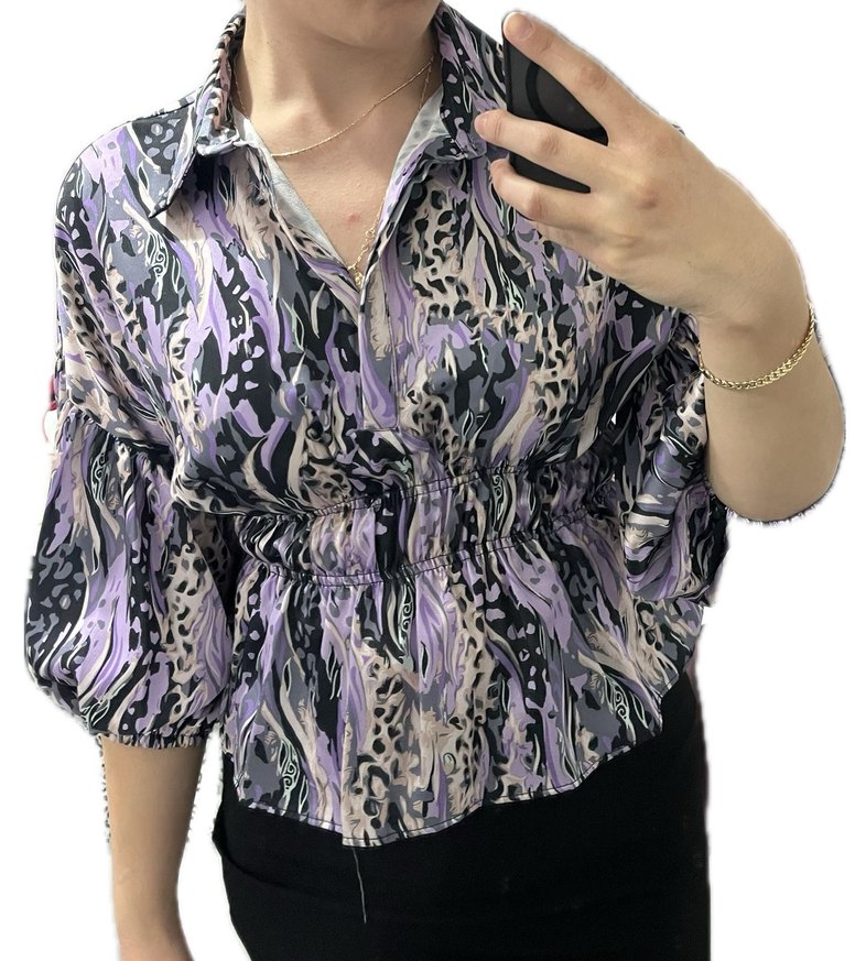 Uzun Kollu Mor Batik Desenli Salaş Kadın Gömlek - Görsel 2