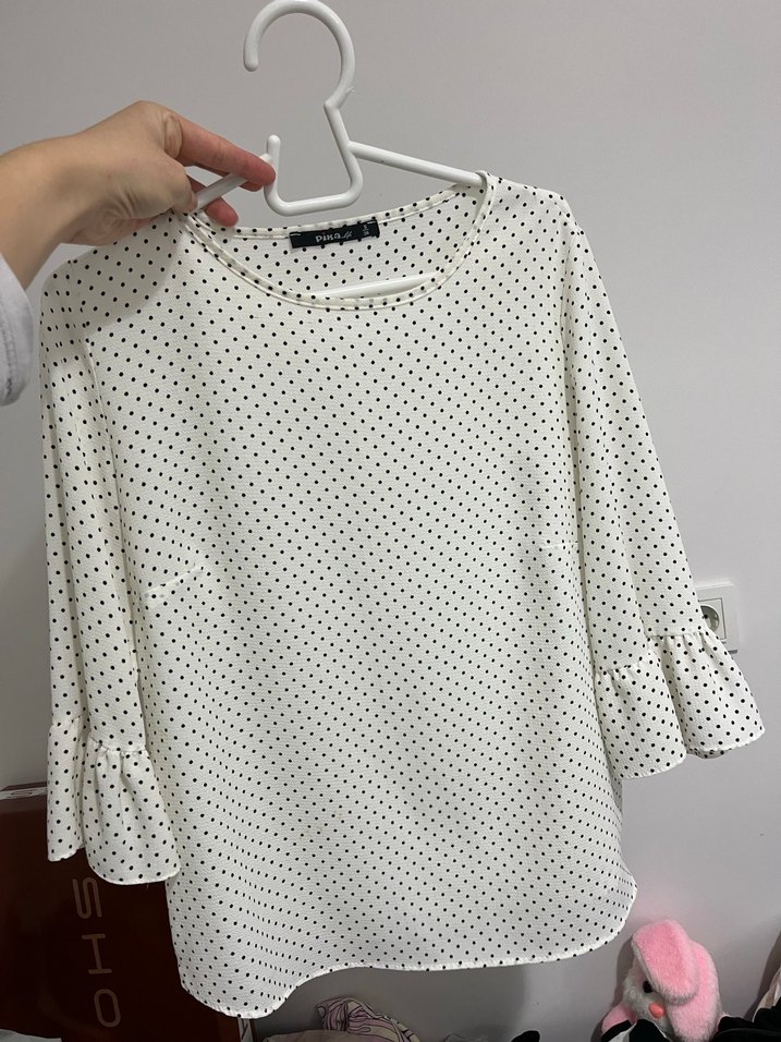 Uzun Kollu Puantiyeli Beyaz Bluz - Görsel 2