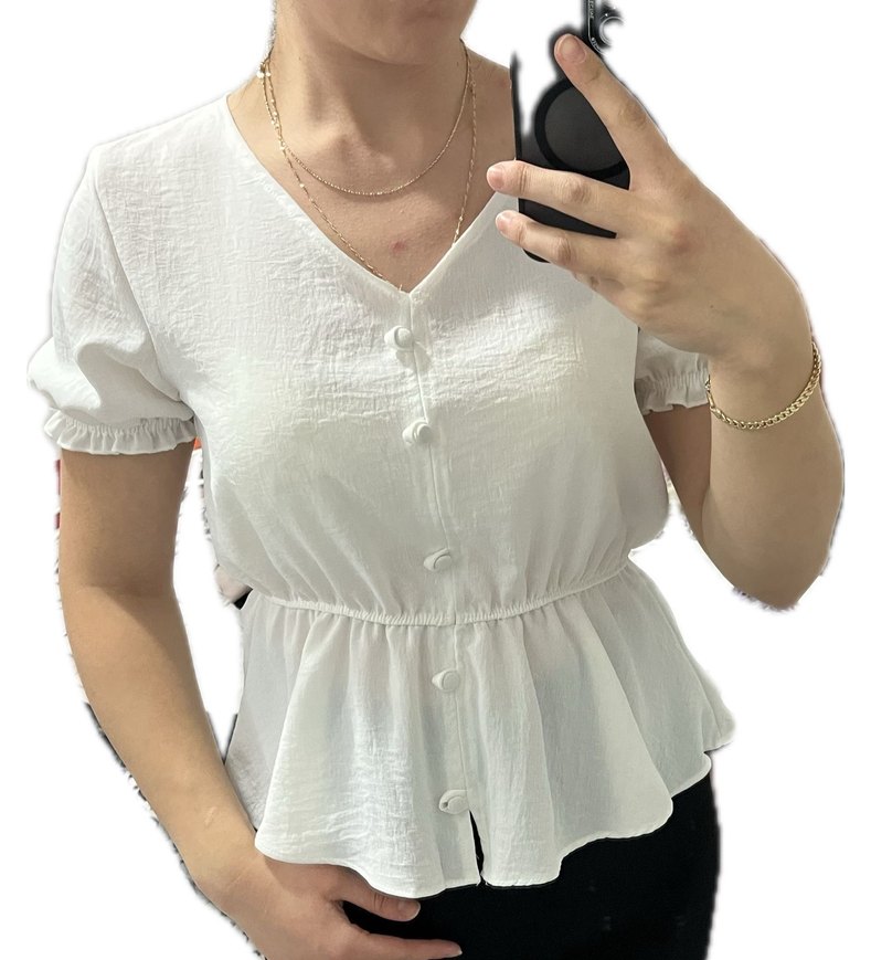 Beyaz V Yaka Düğmeli Pamuklu Bluz - Görsel 3