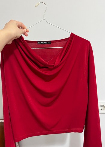 Kadın Kırmızı Uzun Kollu Drapeli Bluz - Görsel 2