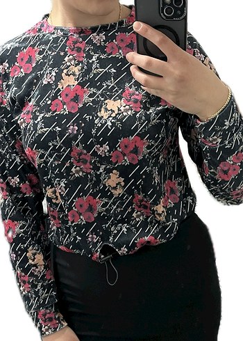 Pembe Çiçek Desenli Uzun Kollu Kadın Bluz - Görsel 3