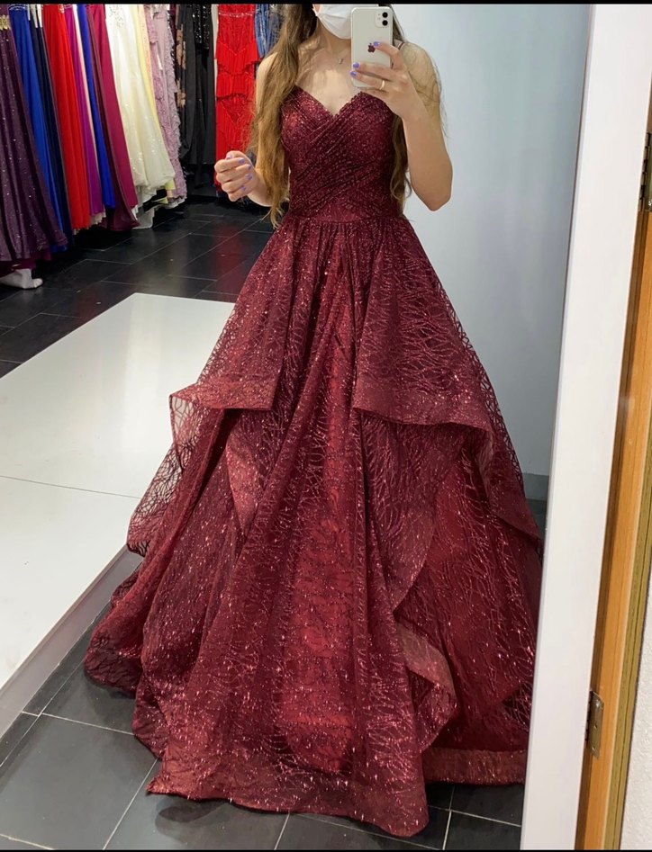 Bordo Parlak Drapeli Uzun Abiye Elbise - Görsel 2