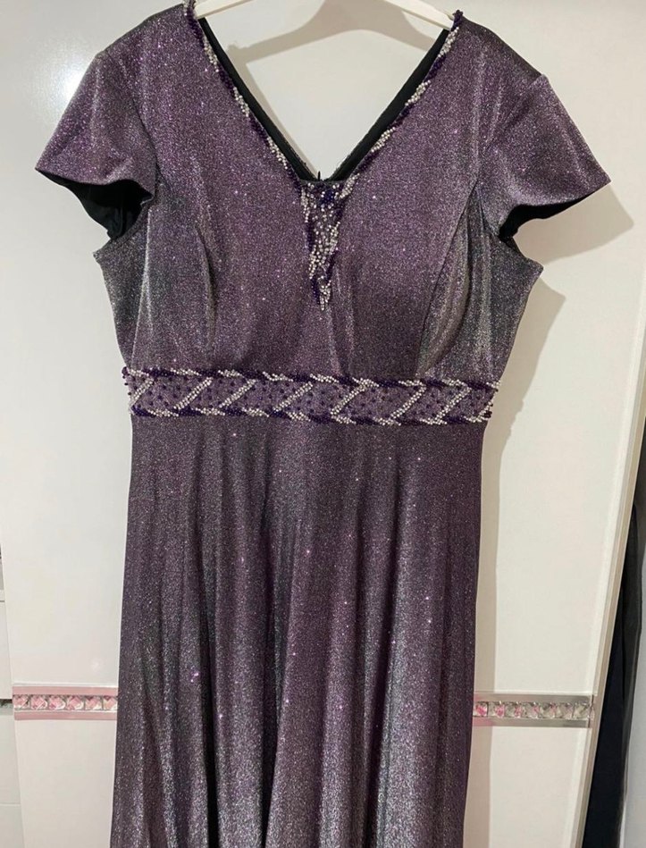 Parlak Mor V-Yaka Uzun Abiye Elbise - Görsel 2