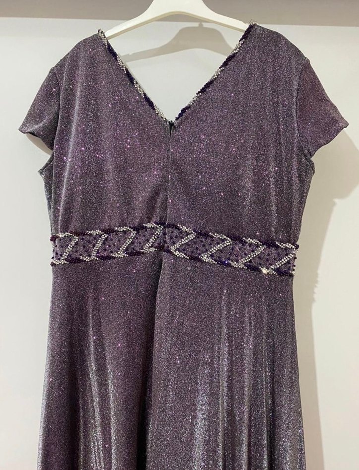 Parlak Mor V-Yaka Uzun Abiye Elbise - Görsel 4