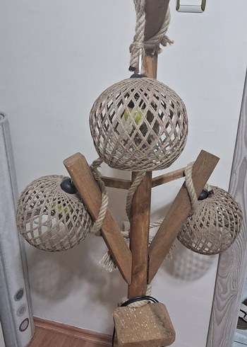 Bej Ahşap Ayaklı Hasır Abajur - Görsel 2