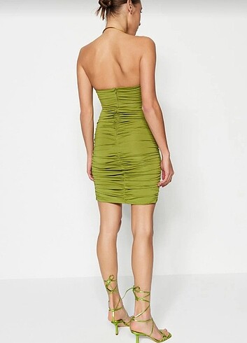 36 Beden Yağ yeşili straplez korse detay kısa elbise 