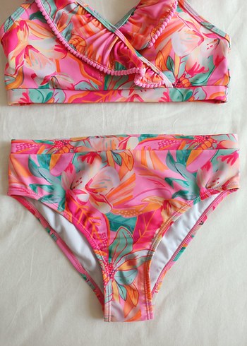 12-13 Yaş Beden Kızlar için Renkli Çiçek Desenli Bikini