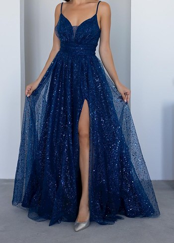 Parlak Lacivert Uzun Abiye Elbise - Görsel 2