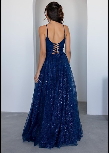 Parlak Lacivert Uzun Abiye Elbise - Görsel 4