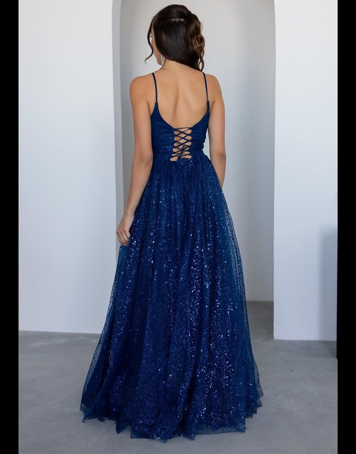 Parlak Lacivert Uzun Abiye Elbise - Görsel 4