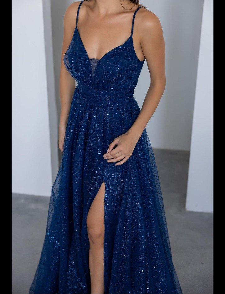 Parlak Lacivert Uzun Abiye Elbise - Görsel 3