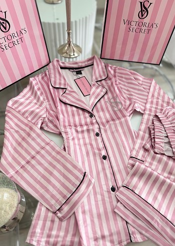Victorias Secret Pembe Çizgili Uzun Kollu Pijama Takımı M Beden - Görsel 3