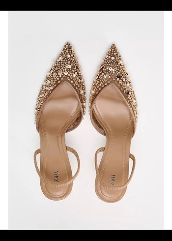Bej İşlemeli Boncuklu Stiletto Abiye Ayakkabı