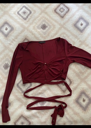 Bordo V Yaka Kemerli Mini Bluz