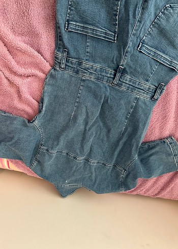 Kadın Denim Uzun Tulum, Fermuarlı, Kısa Kollu - Görsel 2