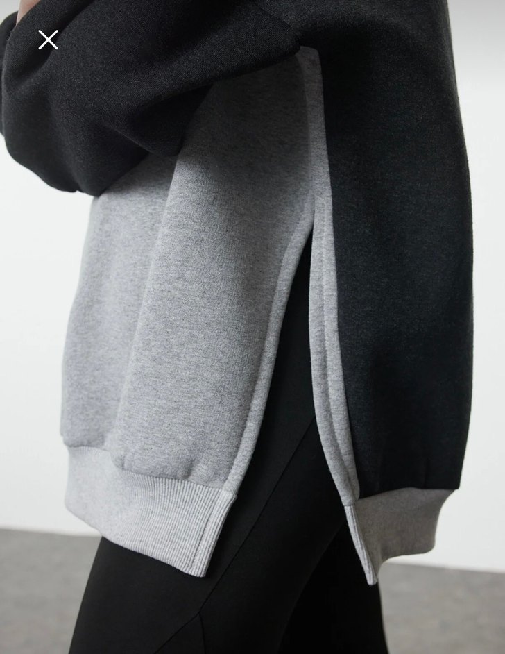 Kadın Gri Kapüşonlu Yan Yırtmaçlı Sweatshirt - Görsel 4