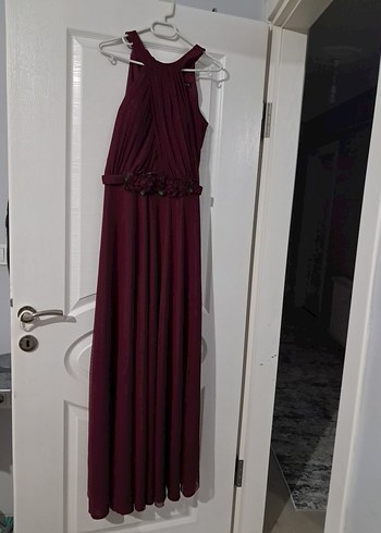 Mürdüm halter yaka uzun abiye elbise - Görsel 4