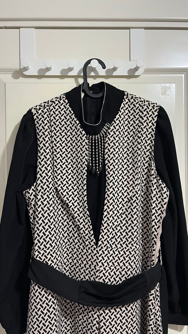 Kemerli Kazayağı Desenli Uzun Siyah jile gömlek takım - Görsel 2