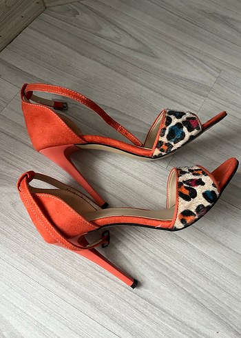 Leopar Desenli Turuncu Süet Stiletto - Görsel 2