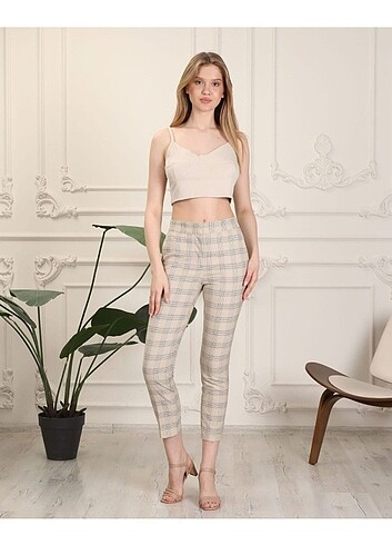 1982 KADIN BELİ LASTİKLİ BEJ EKOSE KARELİ DAR PAÇA TOPARLAYICI P - Görsel 2