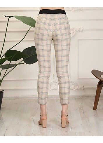 1982 KADIN BELİ LASTİKLİ BEJ EKOSE KARELİ DAR PAÇA TOPARLAYICI P - Görsel 3