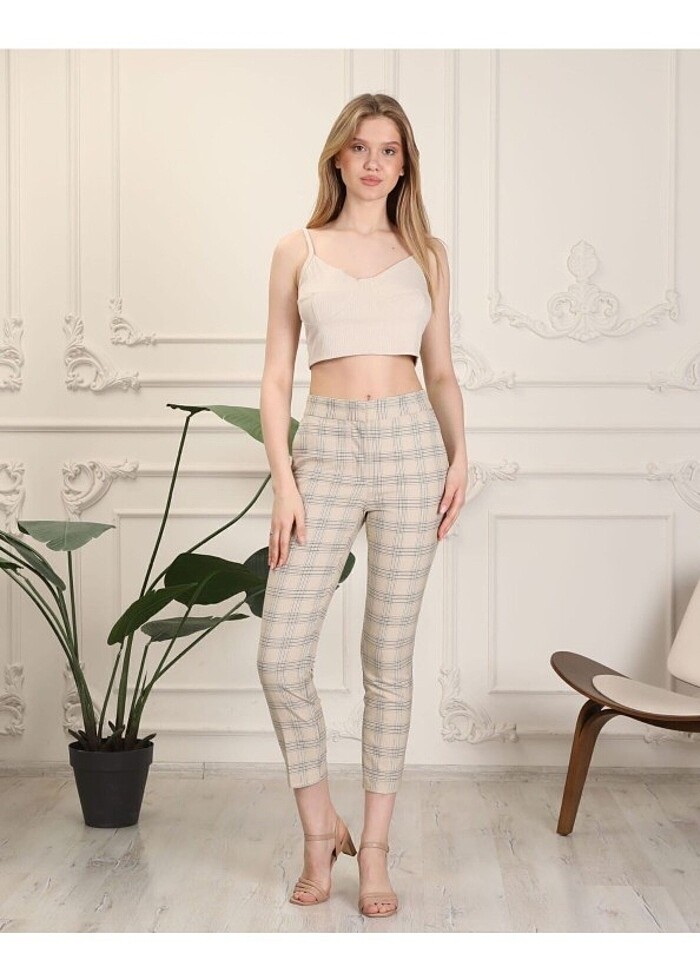 1982 KADIN BELİ LASTİKLİ BEJ EKOSE KARELİ DAR PAÇA TOPARLAYICI P - Görsel 2