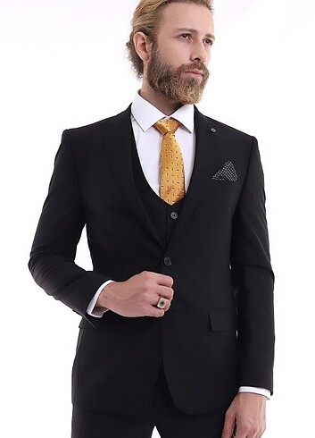 52-6 drop Beden Erkek Yelekli Slimfit Takım Elbise 6 Drop Siyah 581-001
