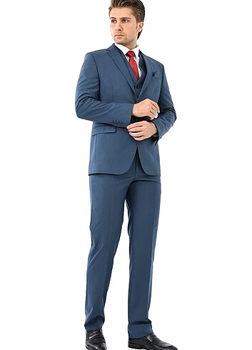 52-6 drop Beden Erkek Yelekli Slimfit Takım Elbise 6 Drop P mavi 546-300