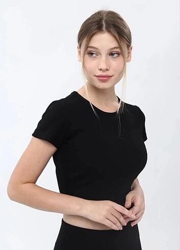 Fitilli Kısa Kollu Crop Tshirt Siyah 