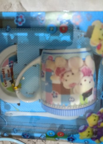 Renkli Ayıcık Desenli Mavi Porselen Kupa - Görsel 2