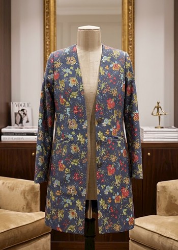 Tasarımcı Ozel Tasarim Mavi Cicekli Uzun Blazer Ceket