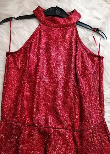 Kırmızı Parlak Mini Drapeli Abiye Elbise - Görsel 3