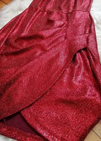 Kırmızı Parlak Mini Drapeli Abiye Elbise - Görsel 2