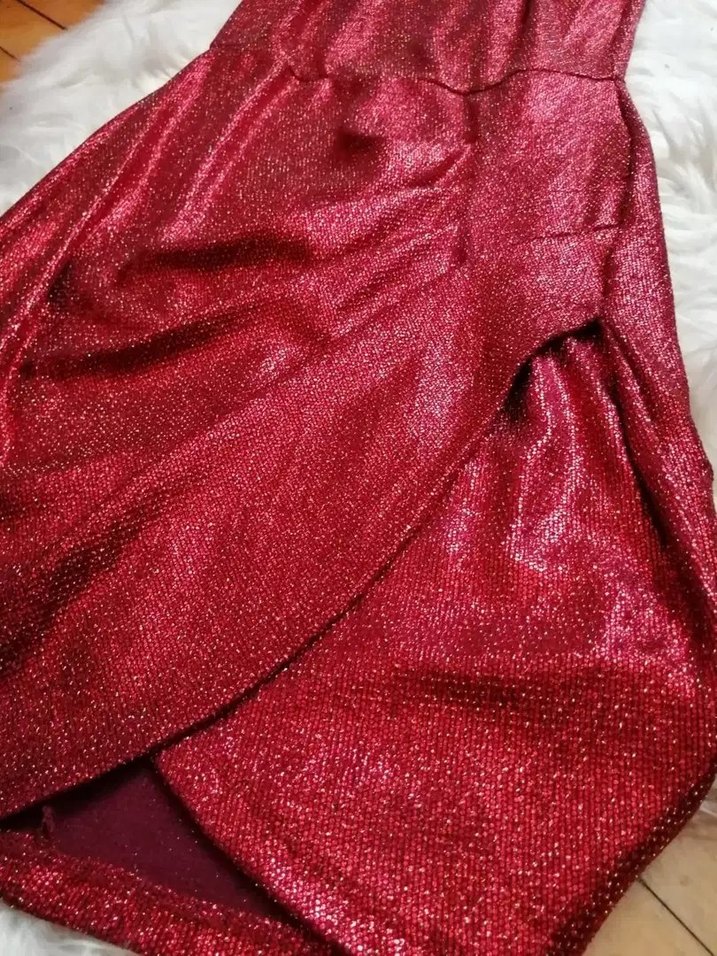 Kırmızı Parlak Mini Drapeli Abiye Elbise - Görsel 2