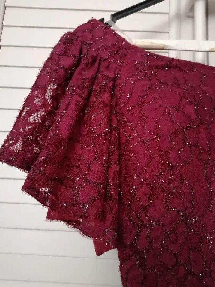 Bordo Dantel Midi Bohem Kısa Kollu Elbise - Görsel 2