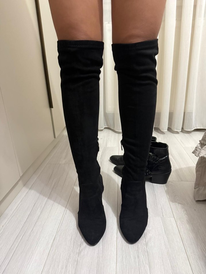 Siyah Süet Dizüstü Topuklu Botlar - Görsel 3